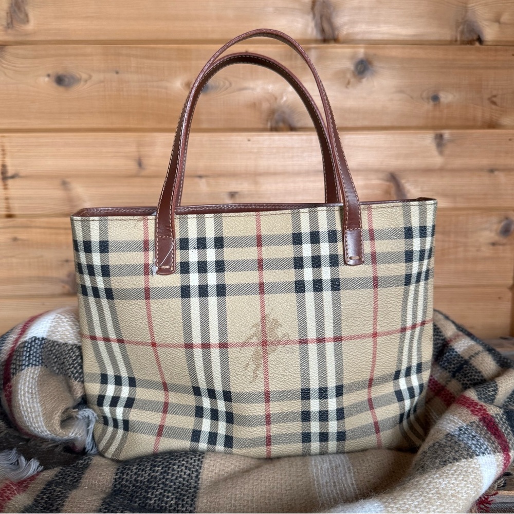 Burberry Nova Check Haymarket Coated Canvas Leather Tote Handbag